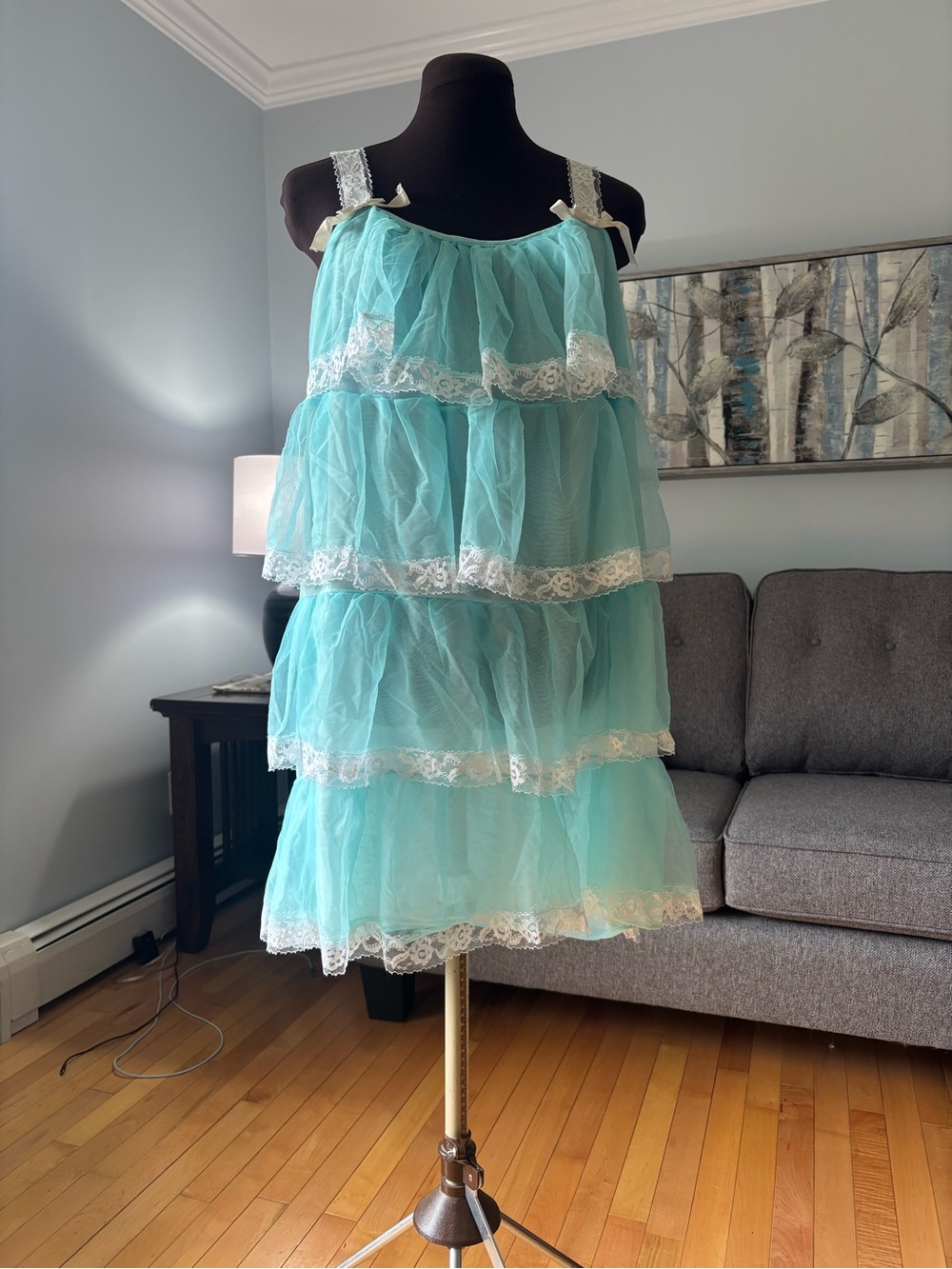 60s 70s Aqua Tiered Lace-Trim Slip dress